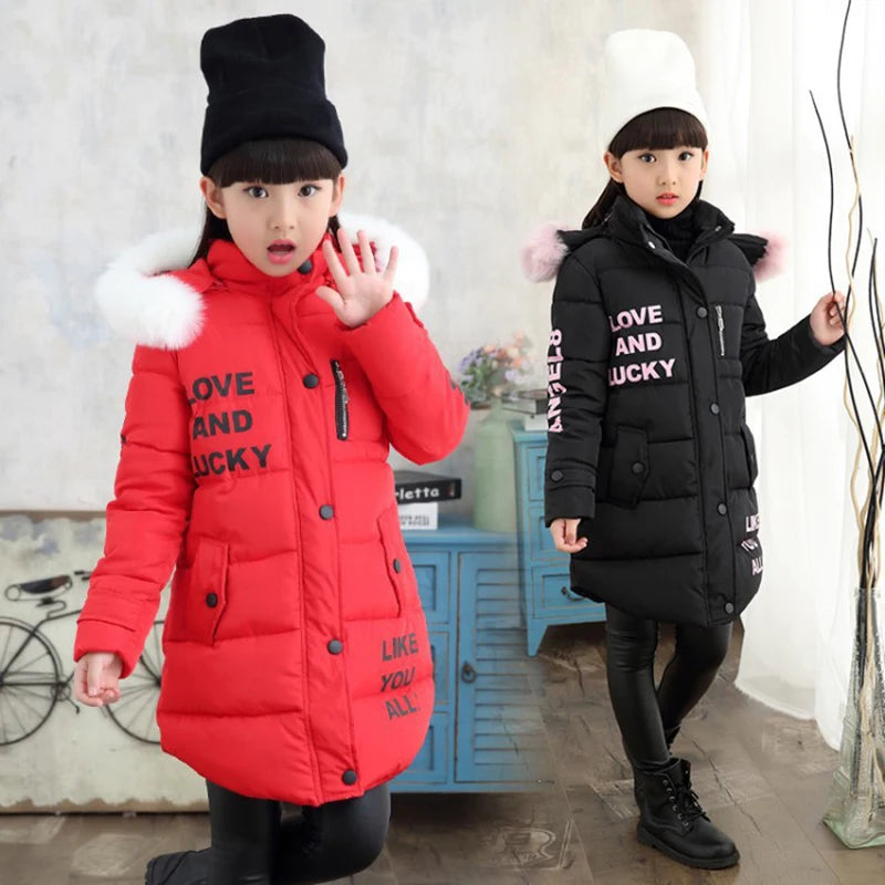 2 6 8 12 Years Teenage Girls Winter Warm Parkas Fur Hooded Thick Jackets