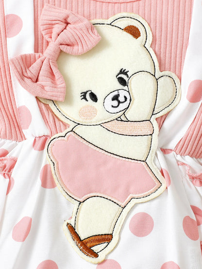 Polka Dot Flying Sleeve Cartoon Bear Overall Dress