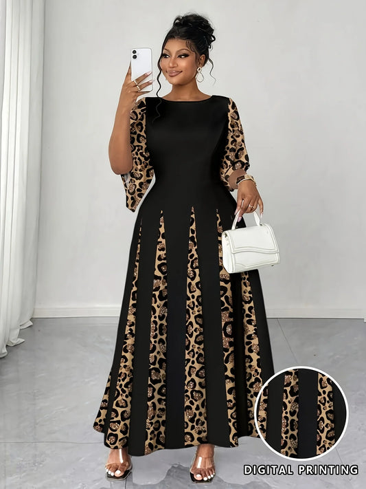 Elegant Leopard Maxi Long Sleeve Gown Dress