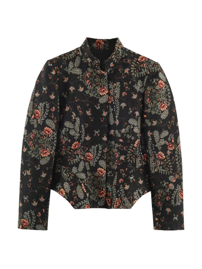 Floral Jacquard Furry Faux Fur Cuffs Patchwork Jacket
