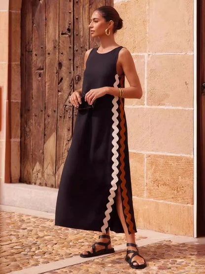 Summer Loose Casual O-neck Sleeveless Split Vintage Midi Dress