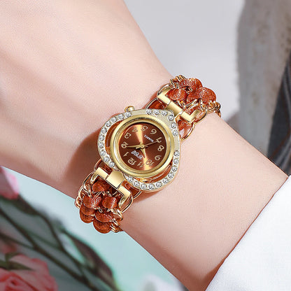 Luxury Rhinestone Heart Dial Woven Strap Quartz Wristwatch