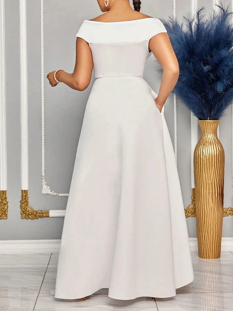 Off Shoulder Evening Solid Maxi Long With Sleeves Dress