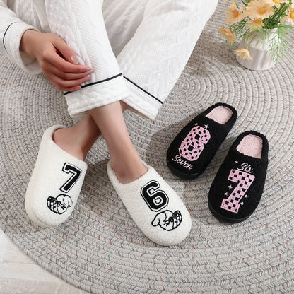 Checkerboard Pattern Number 67 Plush Non-Slip Cotton Slippers