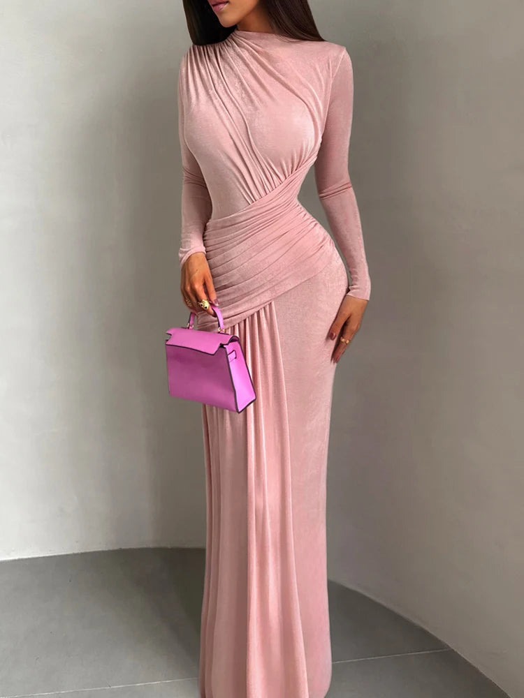 Folds Maxi Full Sleeve Elegant Skinny Dress