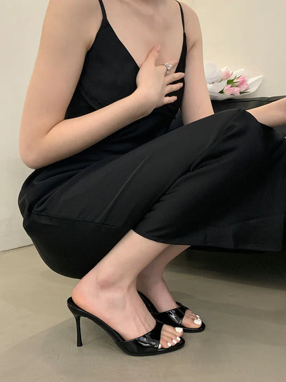 Leather Open Toe Thin High Heels Slipper