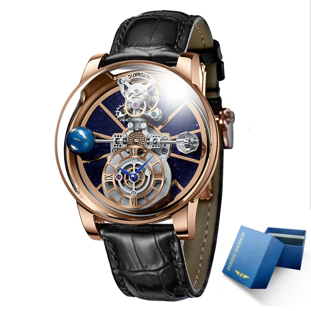 Celestial Starry Sky Curved Glass Transparent Waterproof Leather Watch