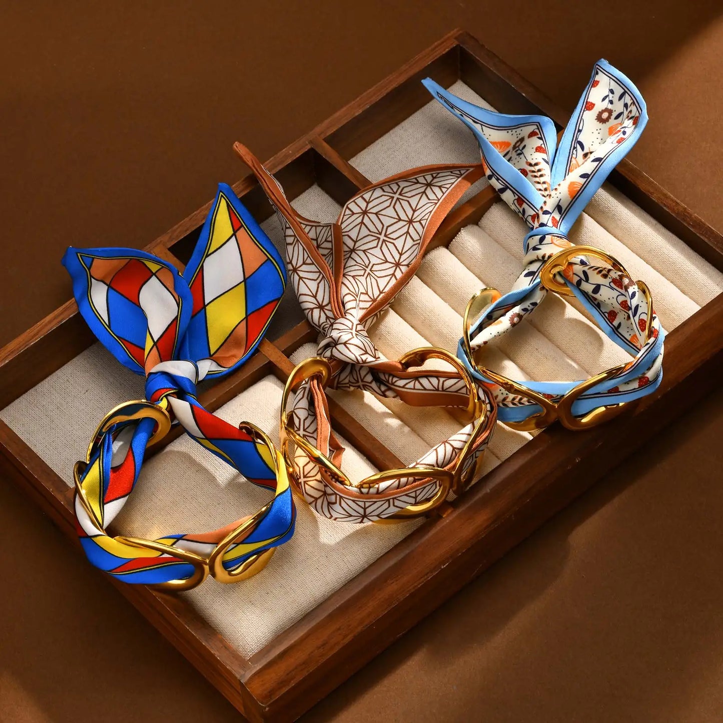 Luxury Simulated Silk Printed Silk Scarf Cuff Stainless Steel Hollow Open Cuff Bracelets