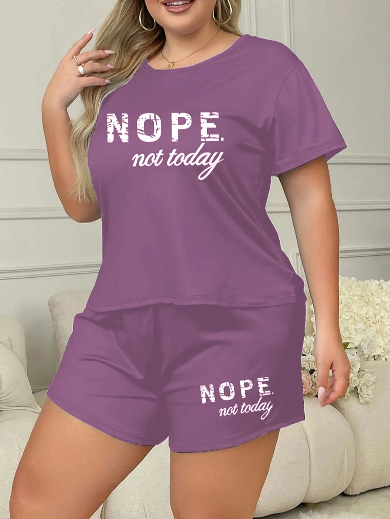 Letters Print Short Sleeve Tee And Elastic Shorts Plus Size Fit Pajama Set