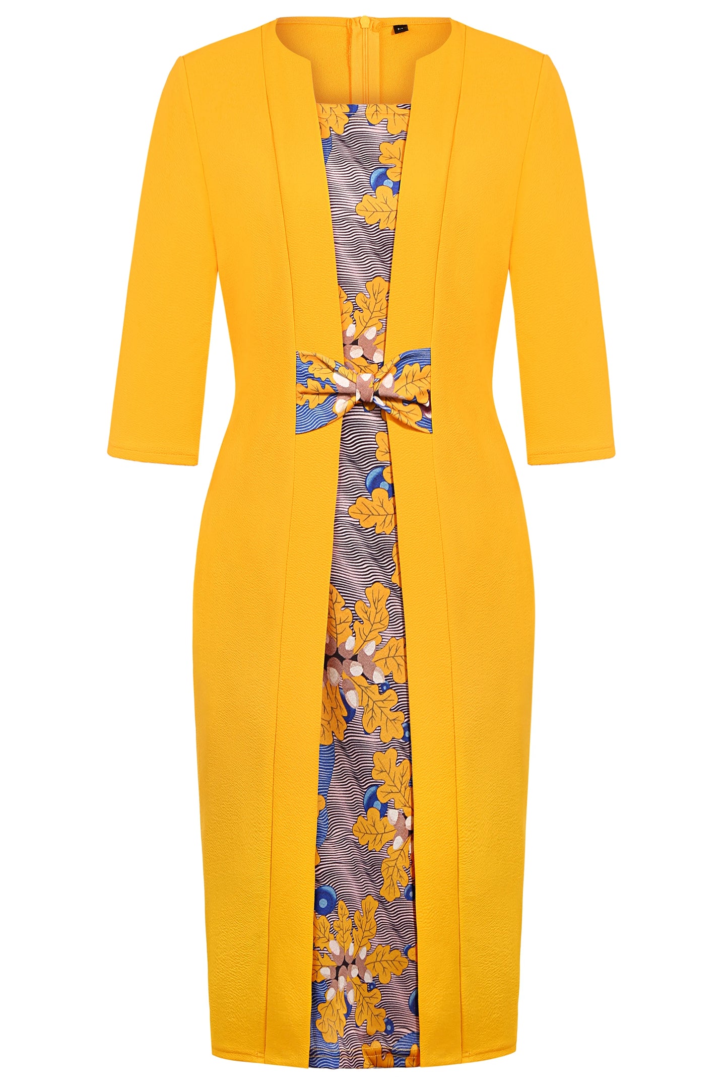 Elegant Floral Bow Tie 2/3 Sleeve Bodycon Sheath Dress
