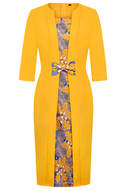 Elegant Floral Bow Tie 2/3 Sleeve Bodycon Sheath Dress