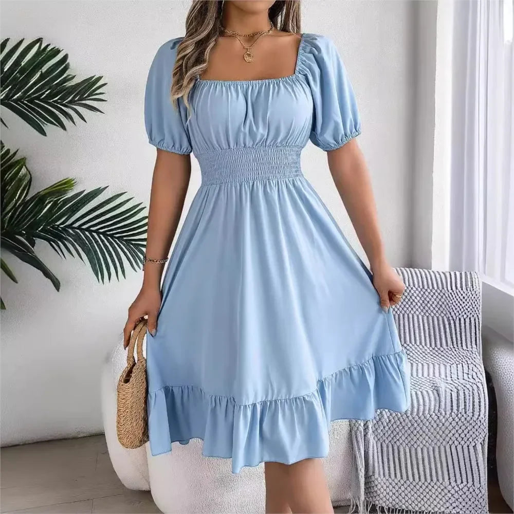 MIidi Casual Square Neck Short Sleeved Dress