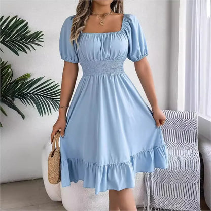 MIidi Casual Square Neck Short Sleeved Dress