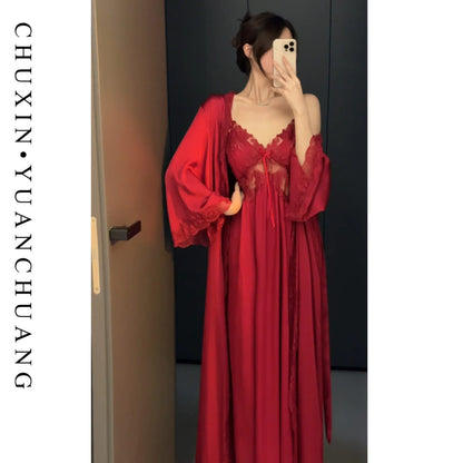 French Romantic Long Strap Sleep Silk Elegant Sleepwear Set