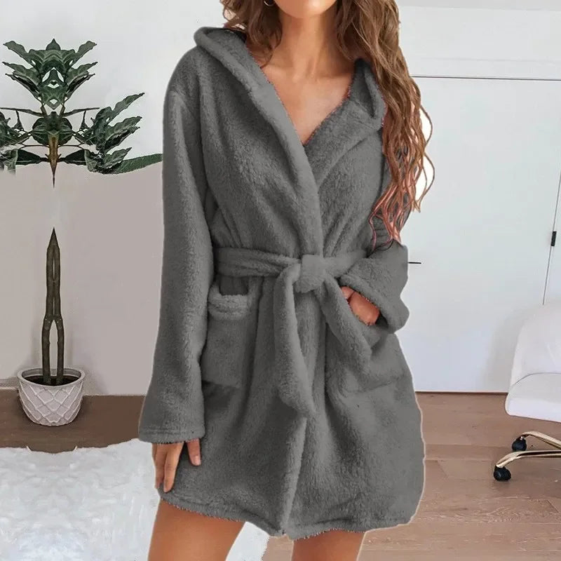 Bath Fluffy Plush Sexy Hooded Bathrobe