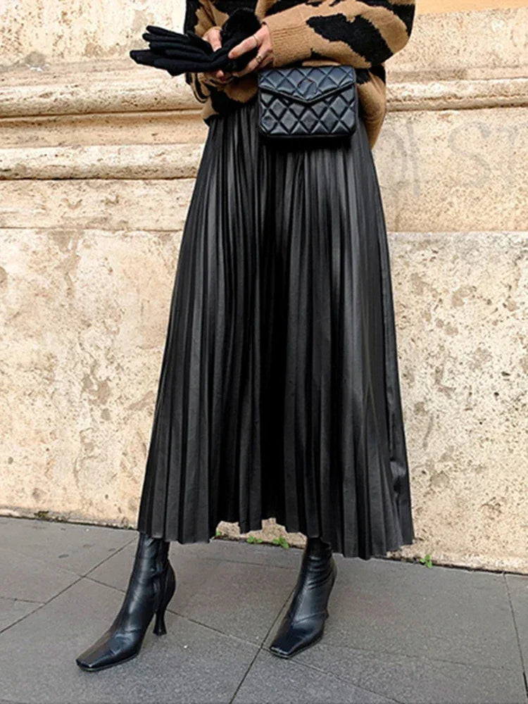 Leather Pleated High Waist long Skirt