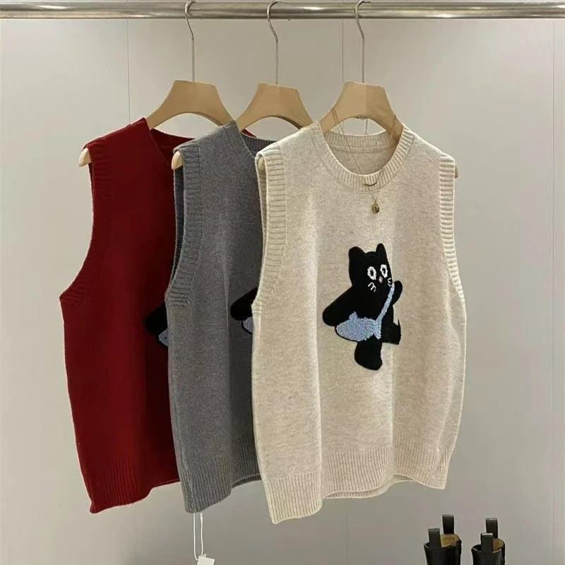 Sweater Vest Casual Embroidered Cartoon O-neck Sleeveless Pullover