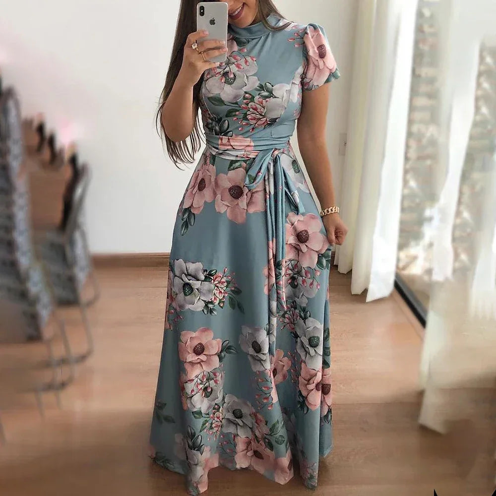 Floral Short Sleeves High Waist Maxi Dress