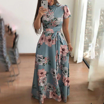 Floral Short Sleeves High Waist Maxi Dress