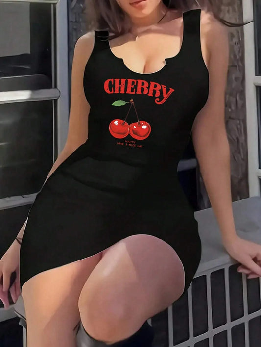 Casual Sexy Cherry Print Round Neck Vest Dress