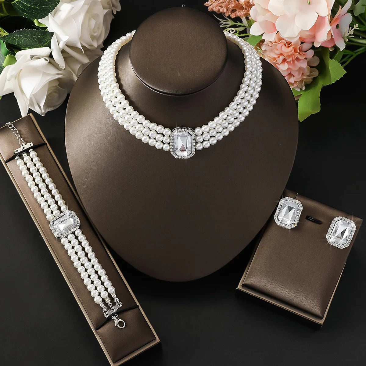 4PC Light Imitation Pearl Necklace Jewelry Set