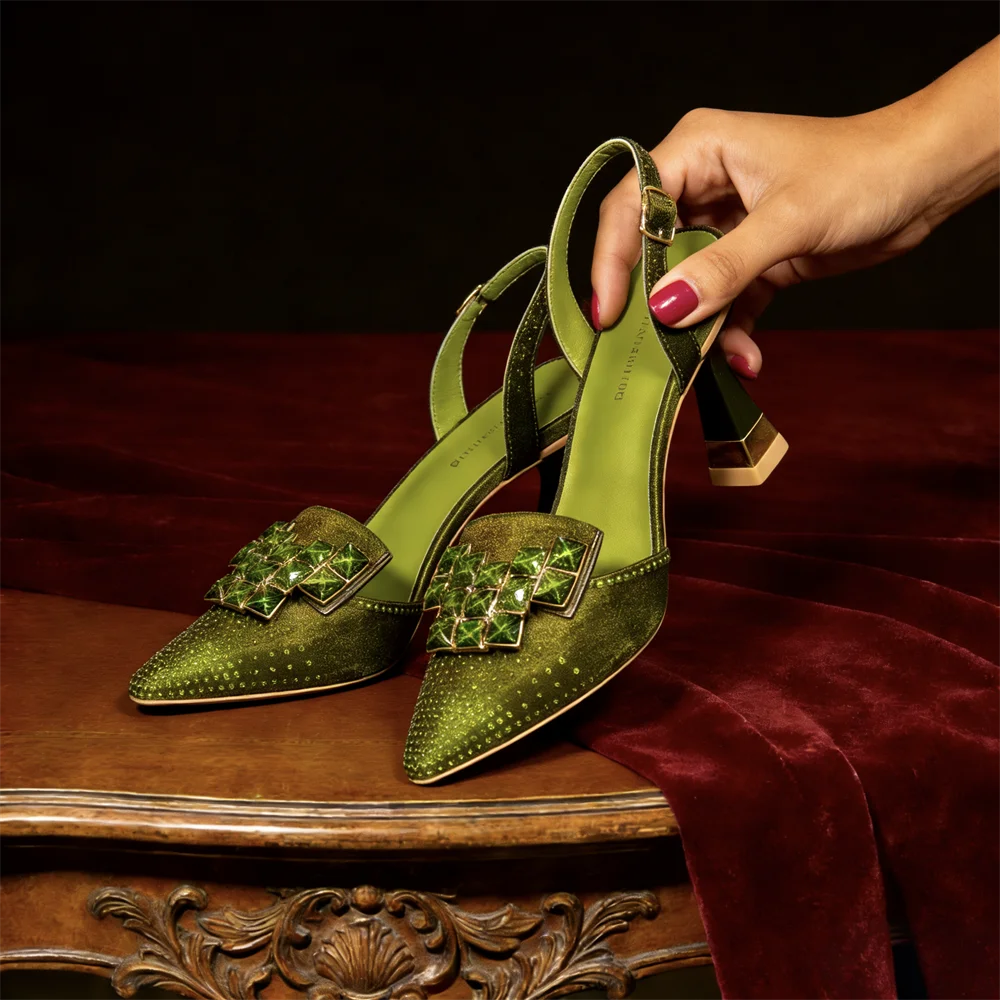 Venus Chan Elegant Green Slingback Heels with Rhinestones Shoes