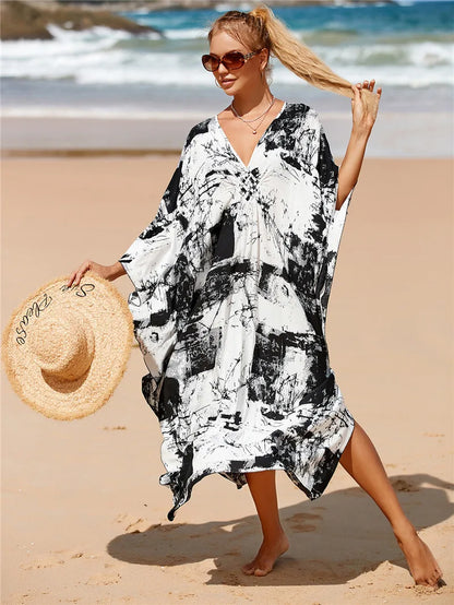 Plus Size Animal Print V-Neck Batwing Kaftan Beach Dress