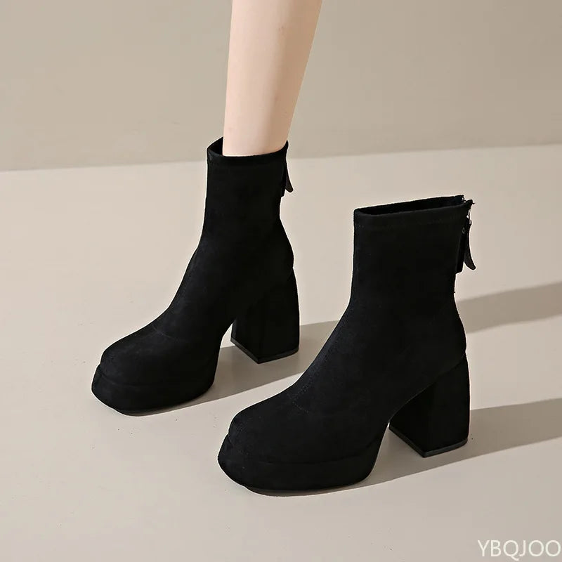 Thick soled high-heeled back zipper short boots