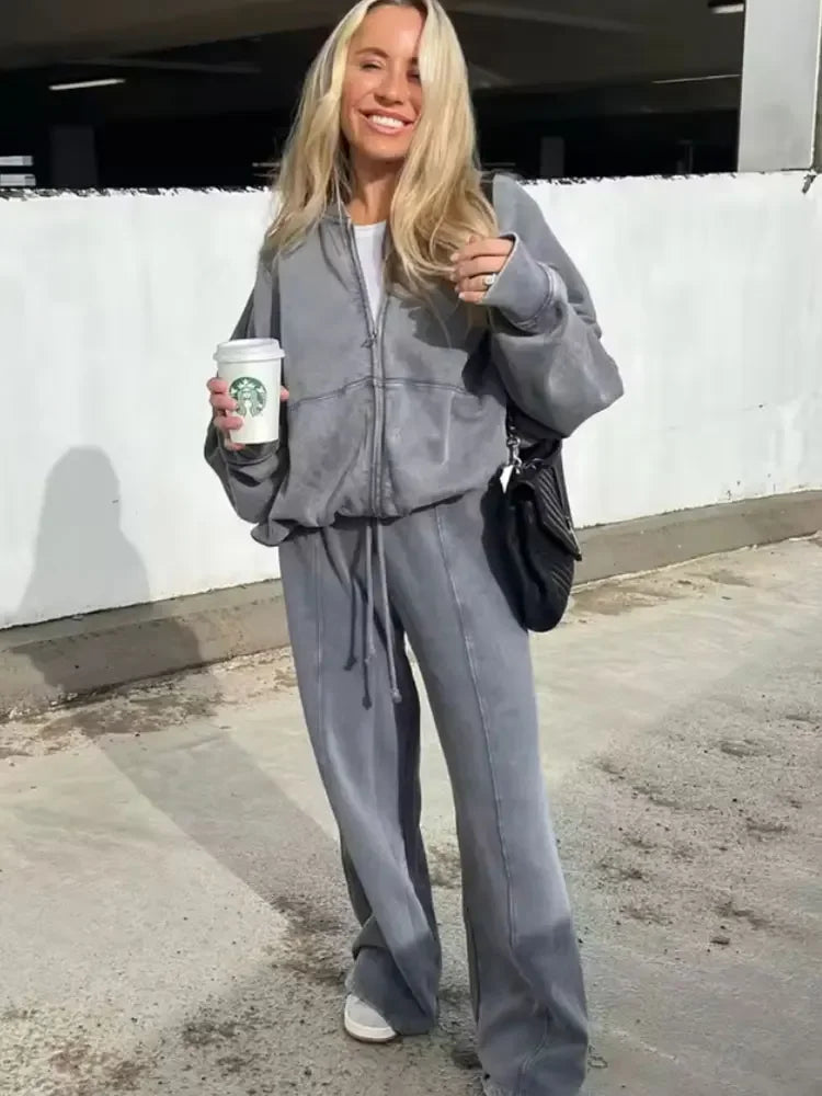 Fall Bomber Jacket Sweatshirt Wide Leg Pants Set