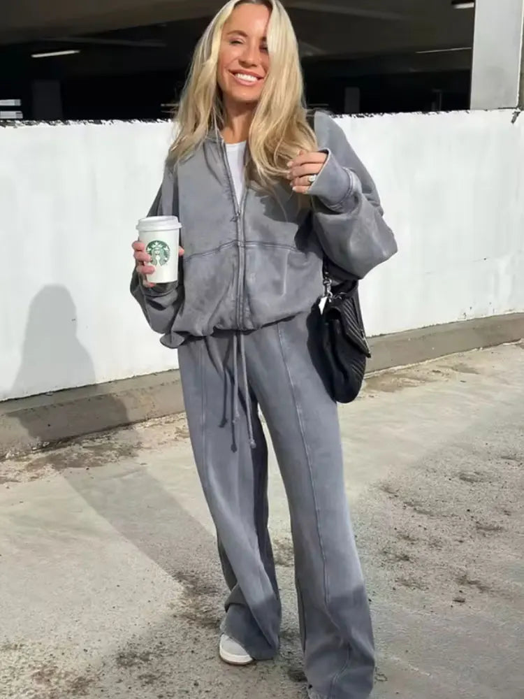 Zipper Bomber Jacket Sweatshirt High-waisted Lace-up Loose Velvet Pants Suit