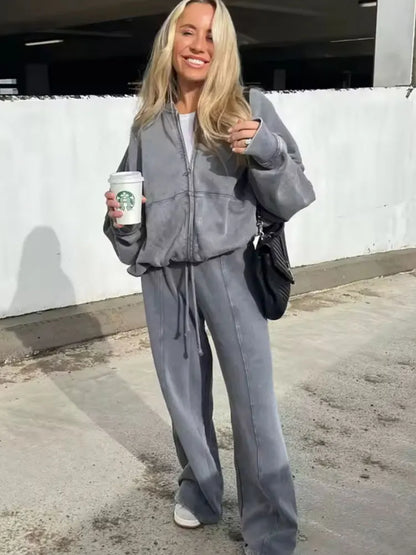 Zipper Bomber Jacket Sweatshirt High-waisted Lace-up Loose Velvet Pants Suit