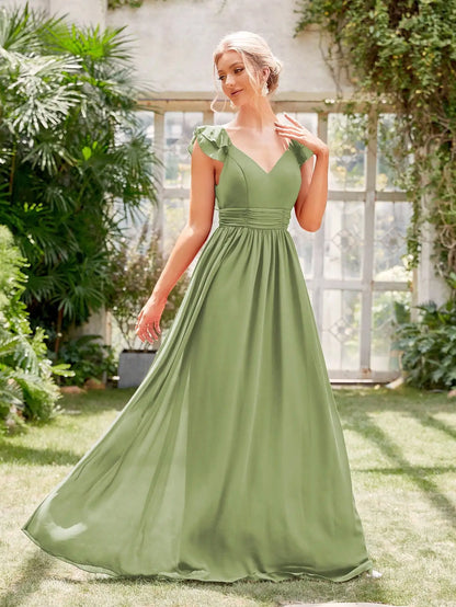 Mgiacy V-neck cap sleeve ruffle lace Extra long evening gown Ball dress