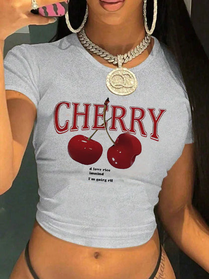 Cherry Print Crew Neck T-shirt Short Sleeve