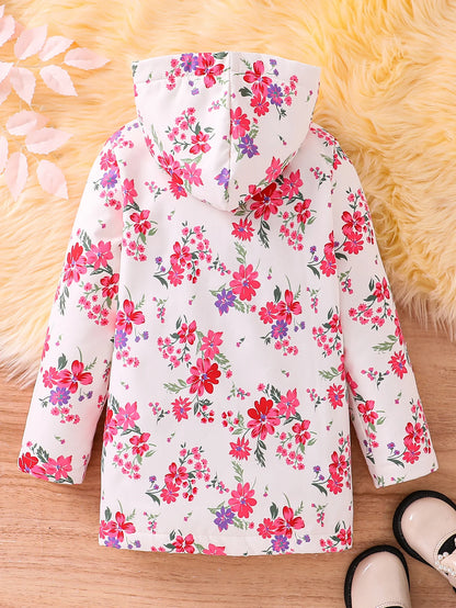 Fall/Winter Girls' Fleece Hooded Single-Breasted Floral Print Coat