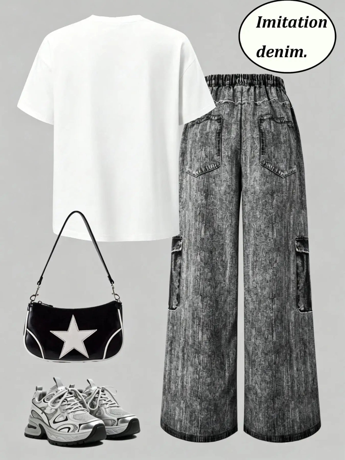 Casual Star-Printed T-Shirt + Faux Denim Cargo Pants Two-Piece Set i