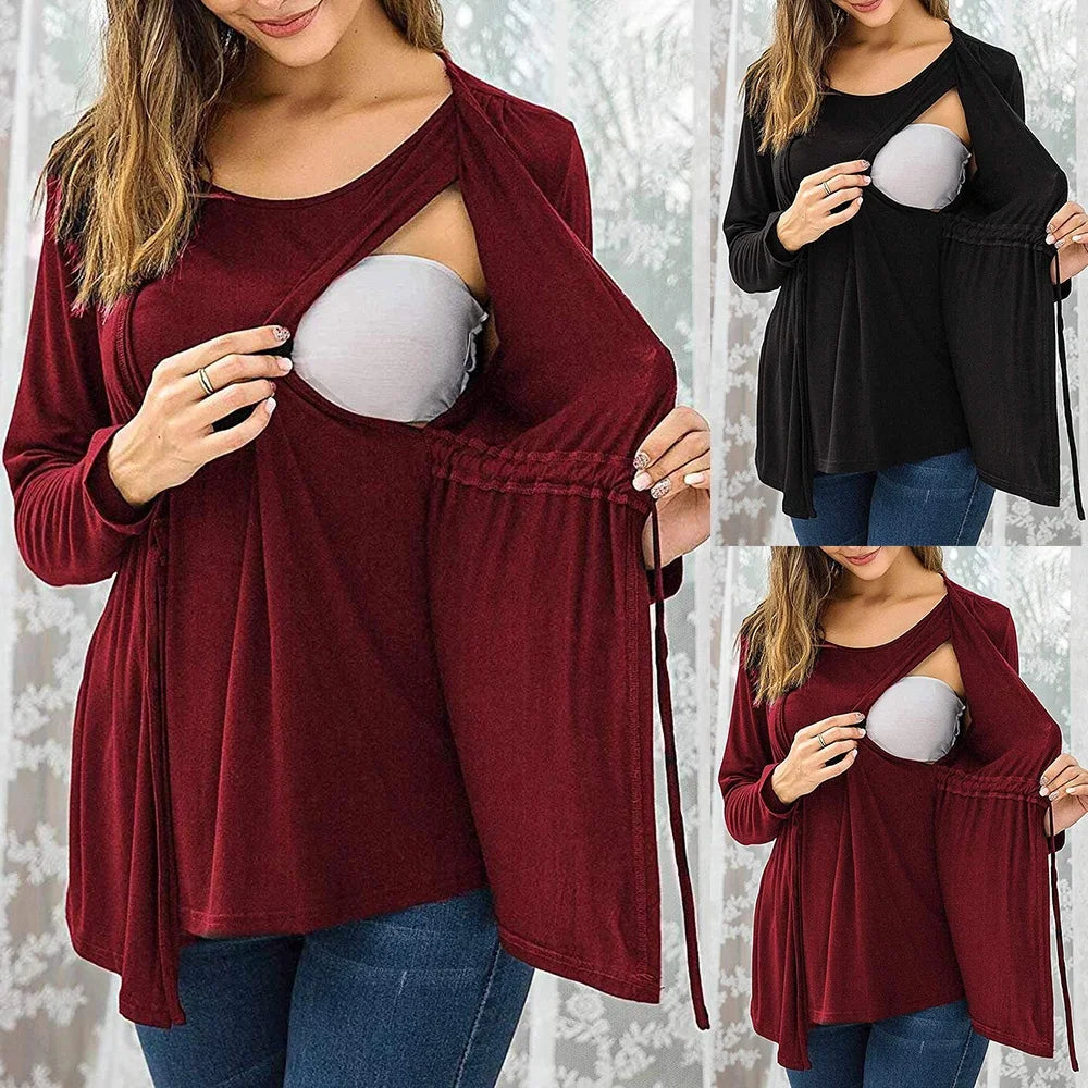 Long Sleeve Fake Two Piece Breastfeeding Pregnant T-shirt