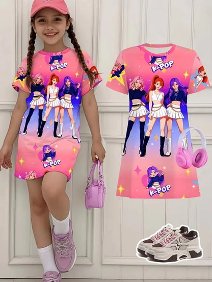 Kpop Cartoon Graphic Funny Short Sleeve Dress