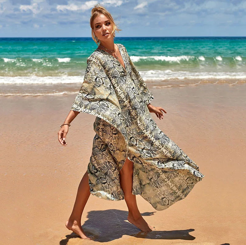 Plus Size Animal Print V-Neck Batwing Kaftan Beach Dress