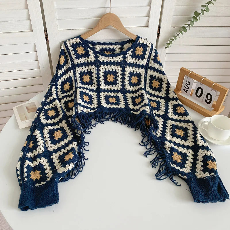 Granny Square Top Fringed Crochet Knitted Top Batwing Sleeve Pullover Sweater