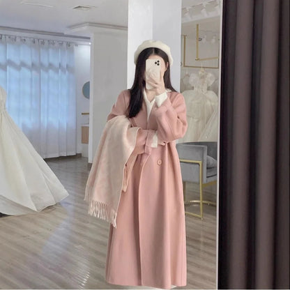 Woolen Versatile Korean Style Medium Length Long Sleeve Elegant Coat