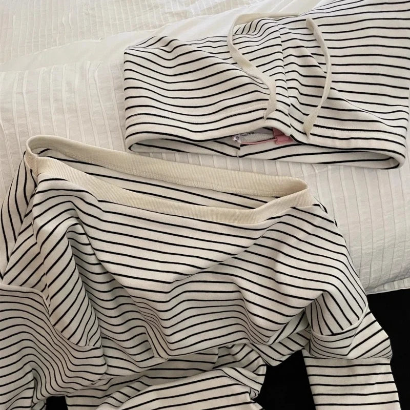 Korean Style Striped Long Sleeve Drawstring Shorts Sleepwear Pajama Set
