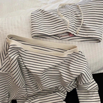 Korean Style Striped Long Sleeve Drawstring Shorts Sleepwear Pajama Set