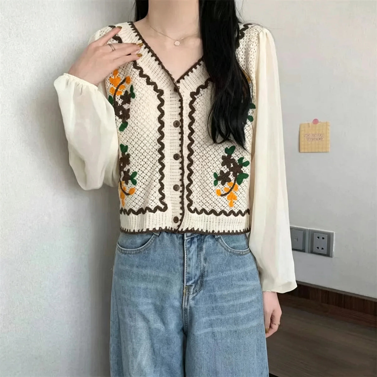 Boho Colorful Flower Print Cardigan Round Neck Long Sleeve Coat Jacket
