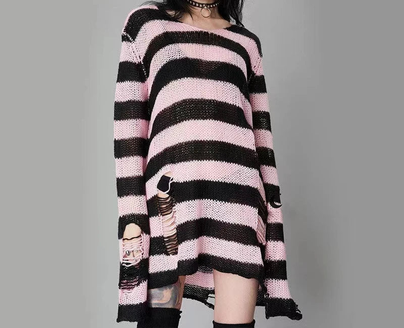 Punk Gothic Long Unisex Sweater Striped Cool Hollow Out Hole Broken Jumper