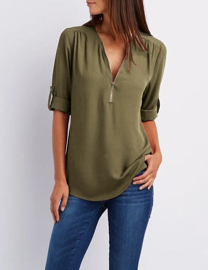 Loose Shirt Deep V Neck Chiffon Blouse