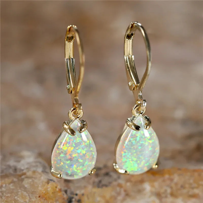 White Fire Opal Stone Classic Gold Color Water Drop Earrings