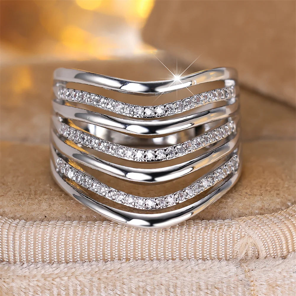 White Zircon Multilayer Small Stone Vintage Gold Silver Ring