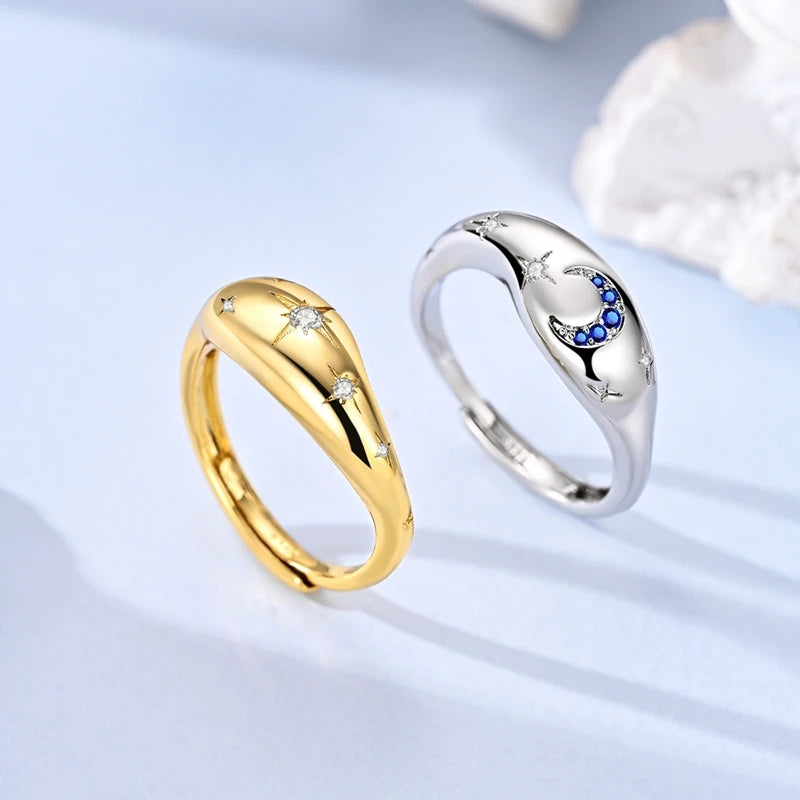 925 Sterling Silver Sparking Wave Star and Moon Rings
