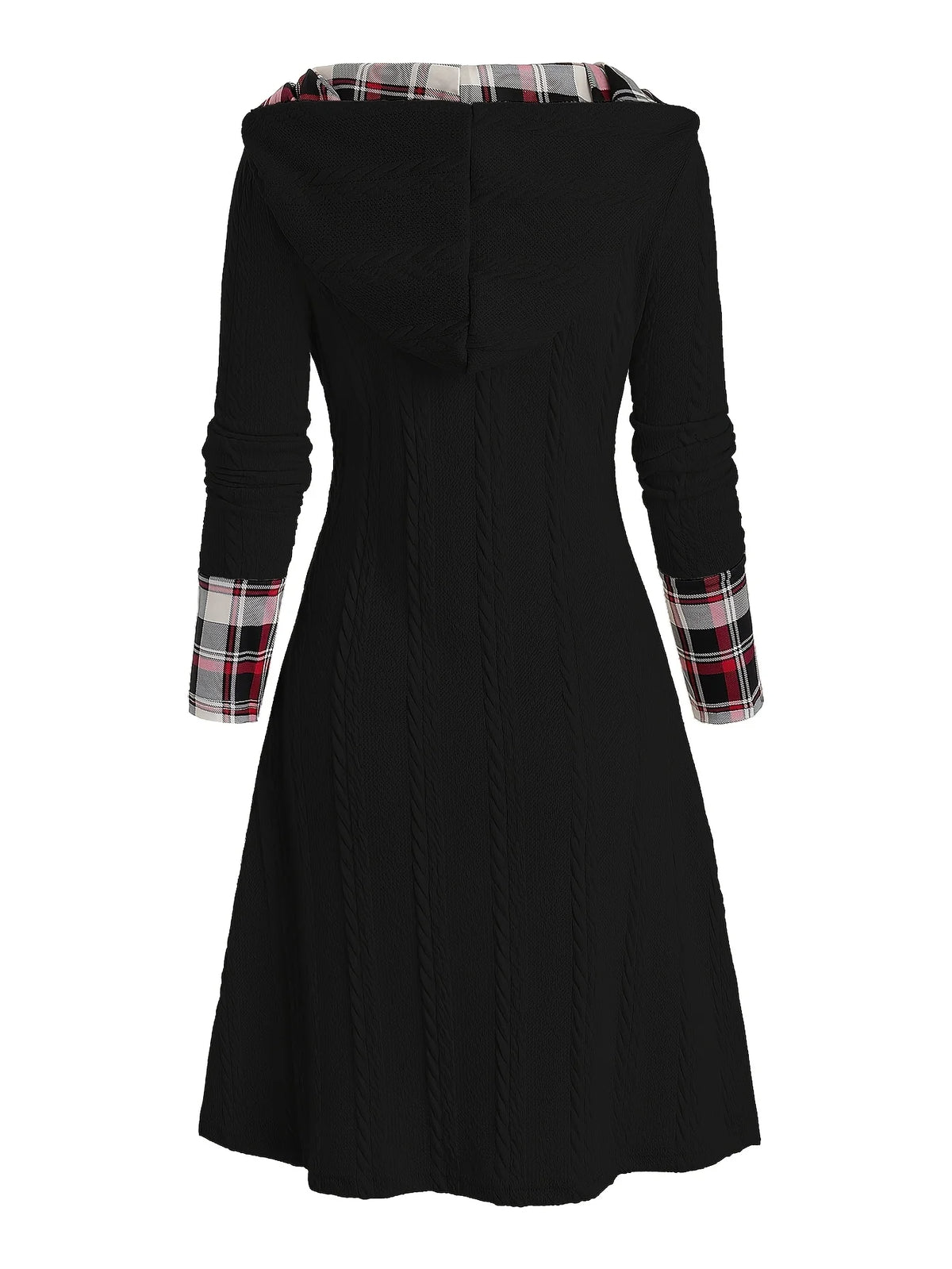 Knitted hooded plaid print stitching fake buckle high waist long sleeve dress