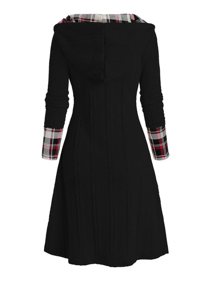 Knitted hooded plaid print stitching fake buckle high waist long sleeve dress